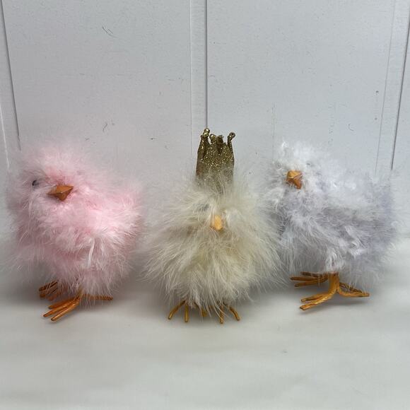 Fuzzy Chick Figurines Easter Spring Kitschy Kitsch Feathered set 3 - READ - Picture 1 of 8